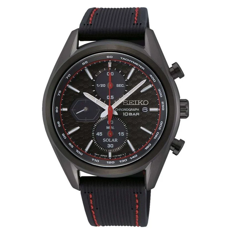 Seiko Essentials 41mm Chronograph Black Dial Silicone Mens Solar Watch SSC777P1