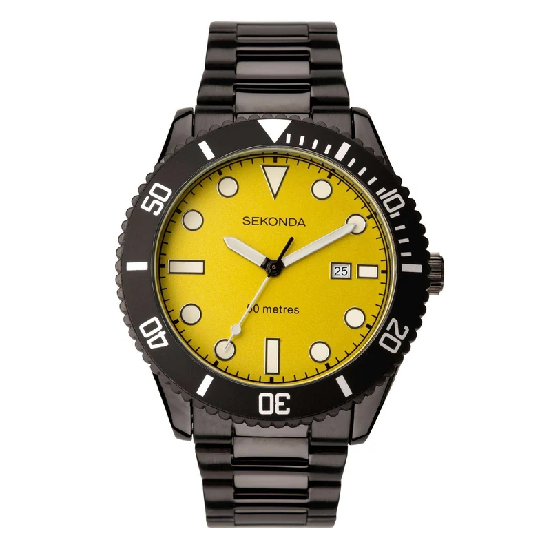 Sekonda Sports Dive Style Yellow Dial Black IP Steel Bracelet Men's Watch 1978