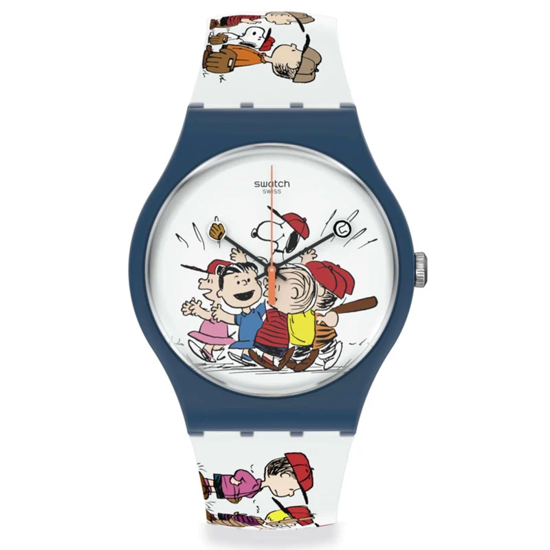 Swatch Peanuts First Base Quartz White Dial Silicone Strap Watch SO29Z107