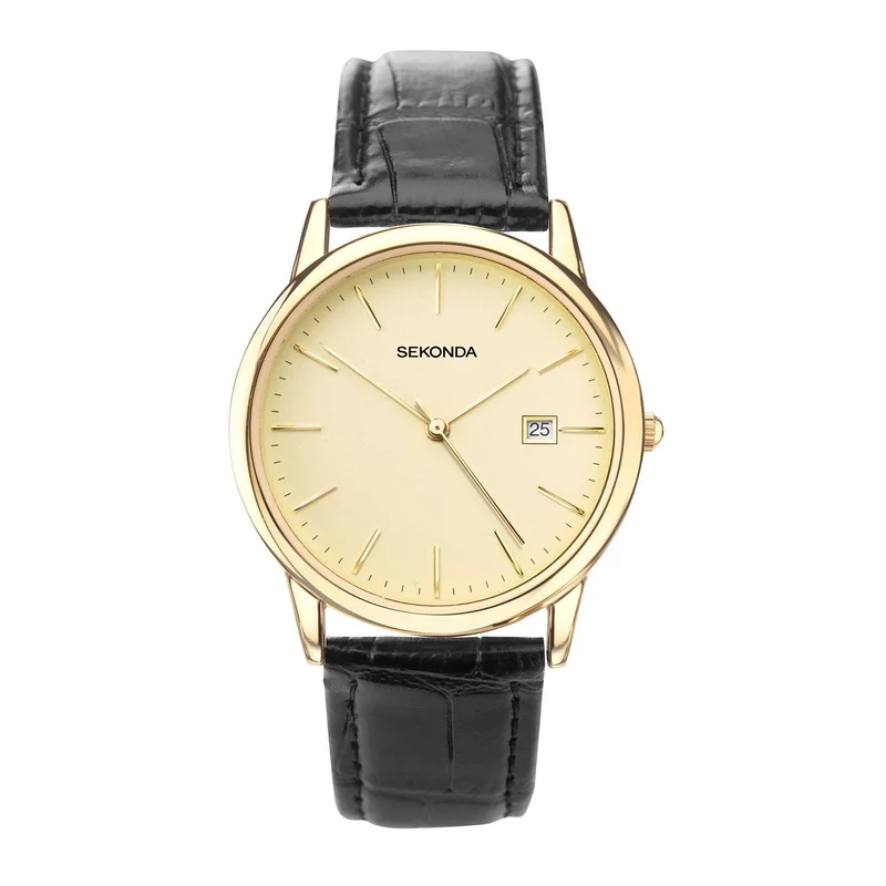 Sekonda Classic Quartz Gold Dial Black Leather Strap Men's Watch 3697.00