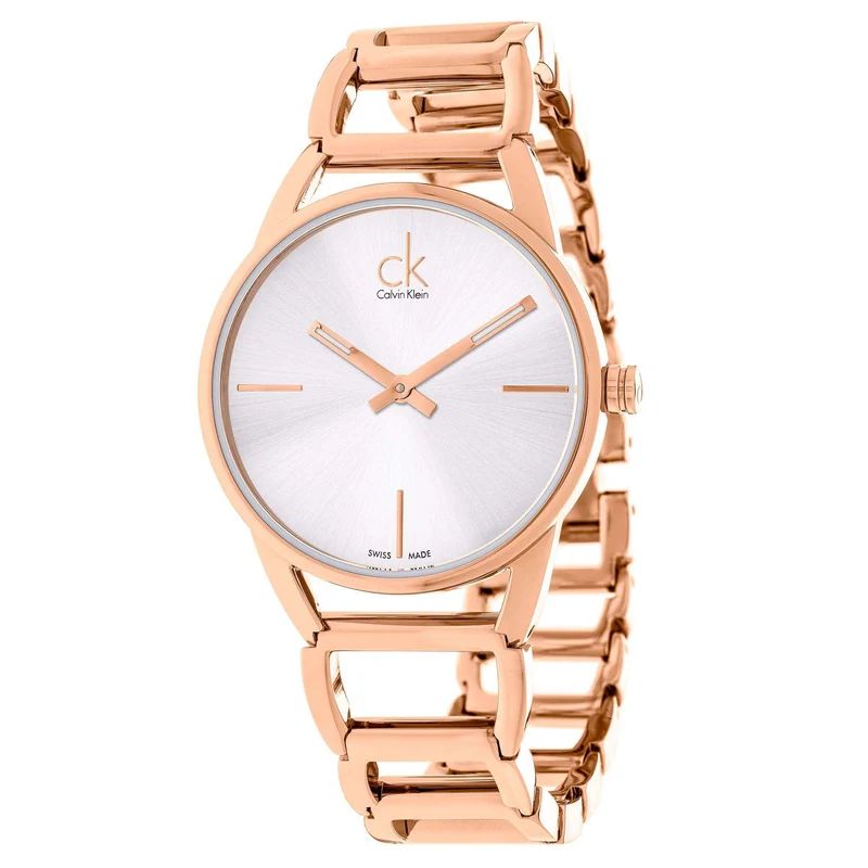 Calvin Klein Stately Quartz Silver Dial Rose Gold PVD Stainless Steel Bracelet Ladies Watch K3G23626