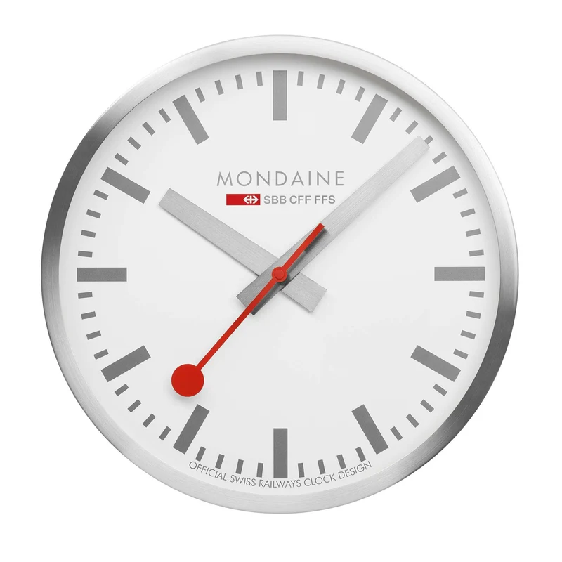 Mondaine 25cm White Face Silver Case Quartz Wall Clock A990.CLOCK.18SBV
