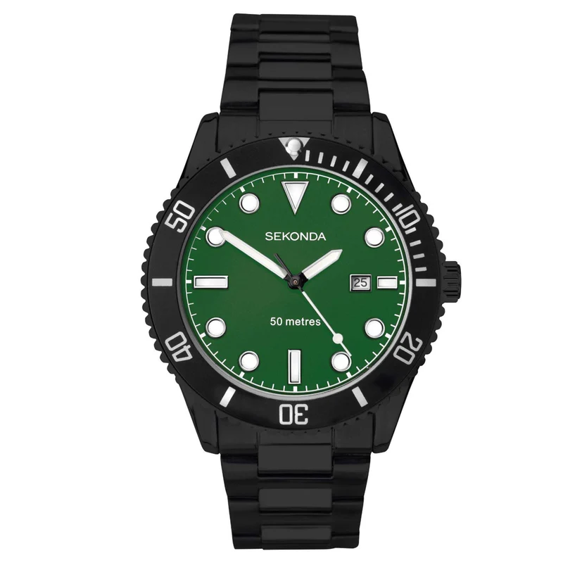 Sekonda Sports Dive Style Green Dial Black Steel Bracelet Men's Watch 1983