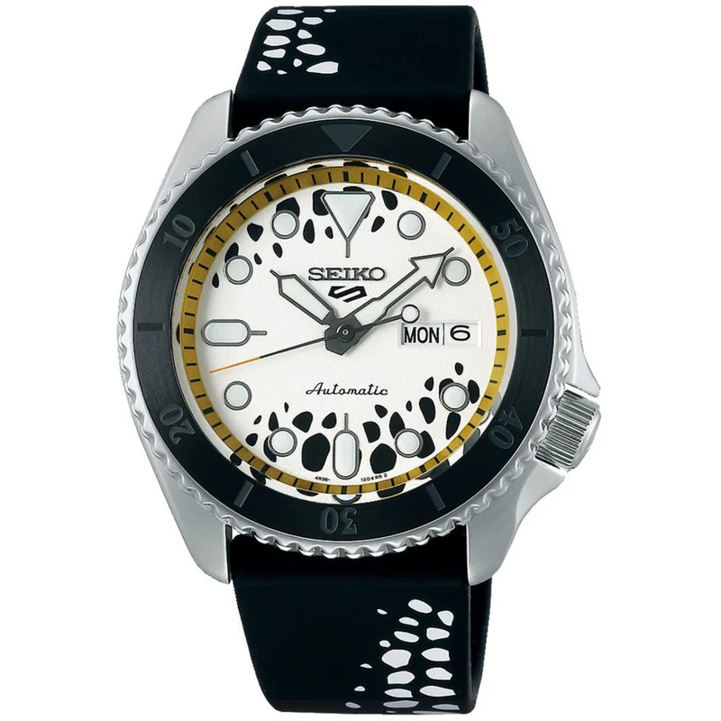 Seiko 5 Sports One Piece Trafalgar D. Water Law Automatic White Dial Black Silicone Strap SRPH63K1