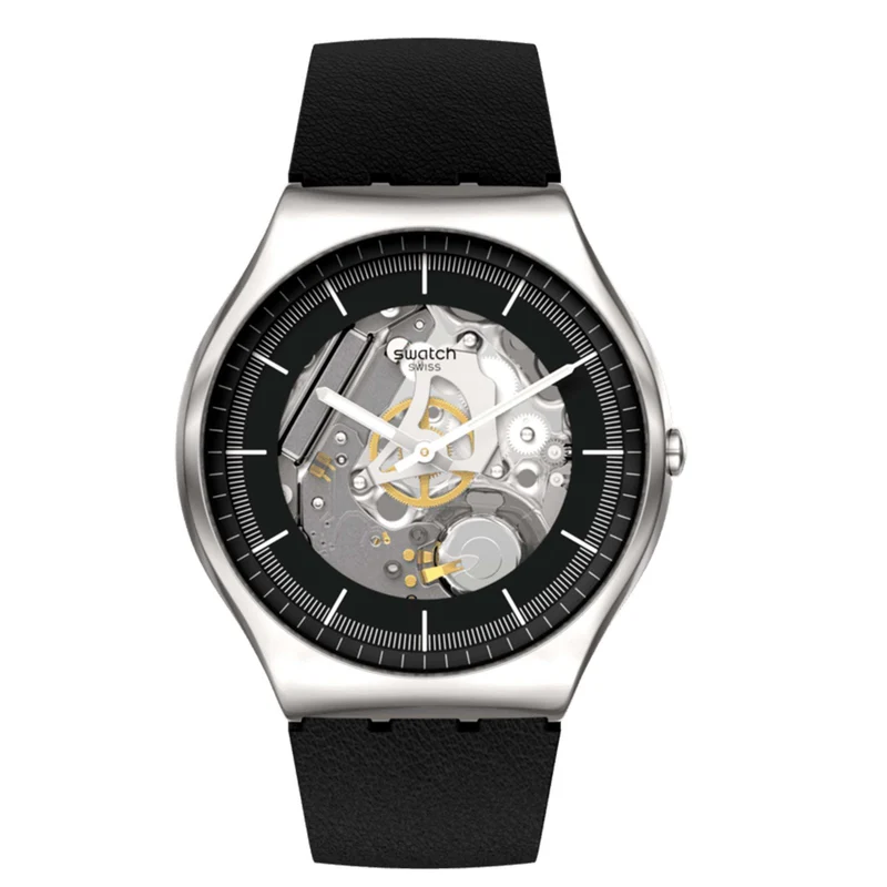 Swatch Black Skeleton Black Dial Leather Strap Watch SS07S115