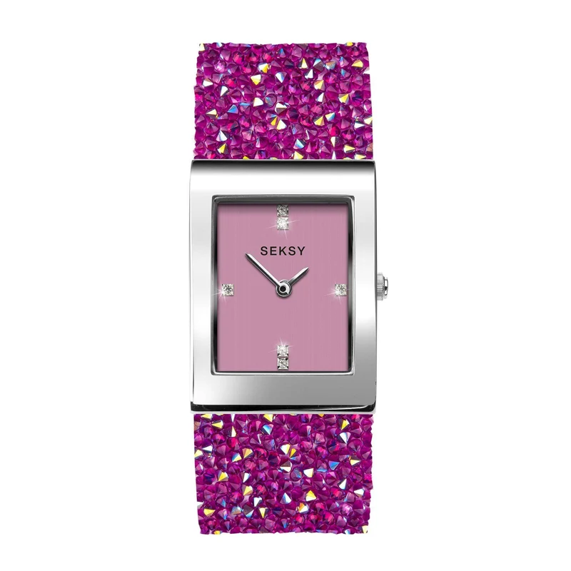 Seksy Dress Quartz Pink Dial White Leather Strap Ladies Watch 2856