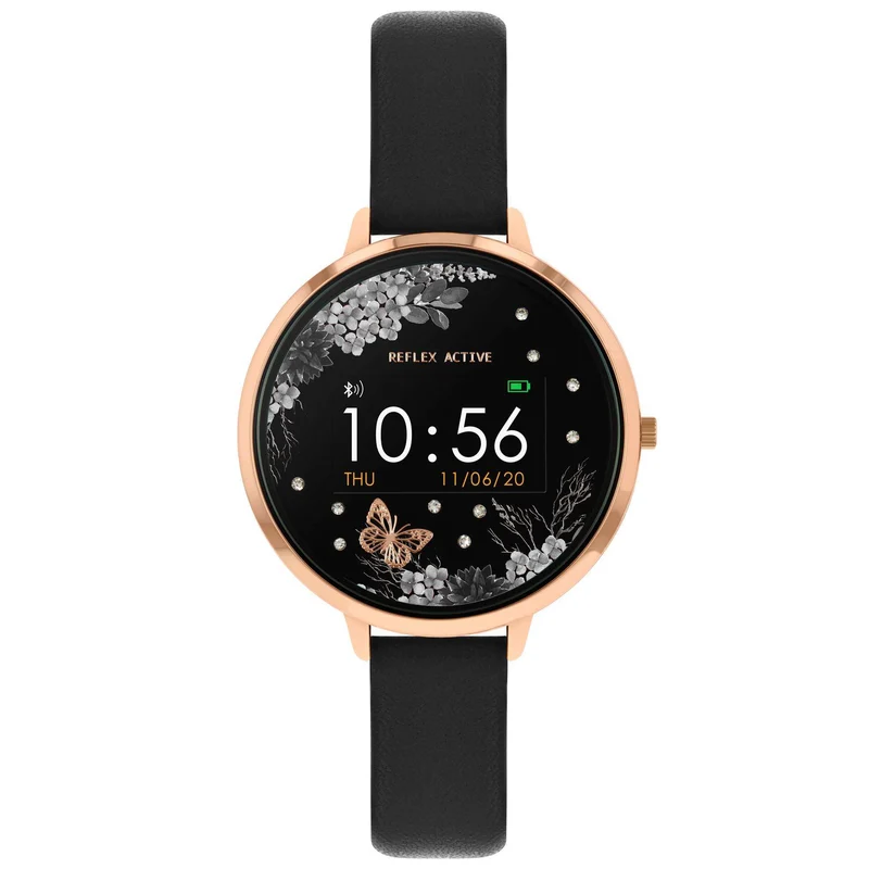 Reflex Active Series 03 Quartz Black Floral Dial Black Leatherette Strap Ladies Smartwatch RA03-2076