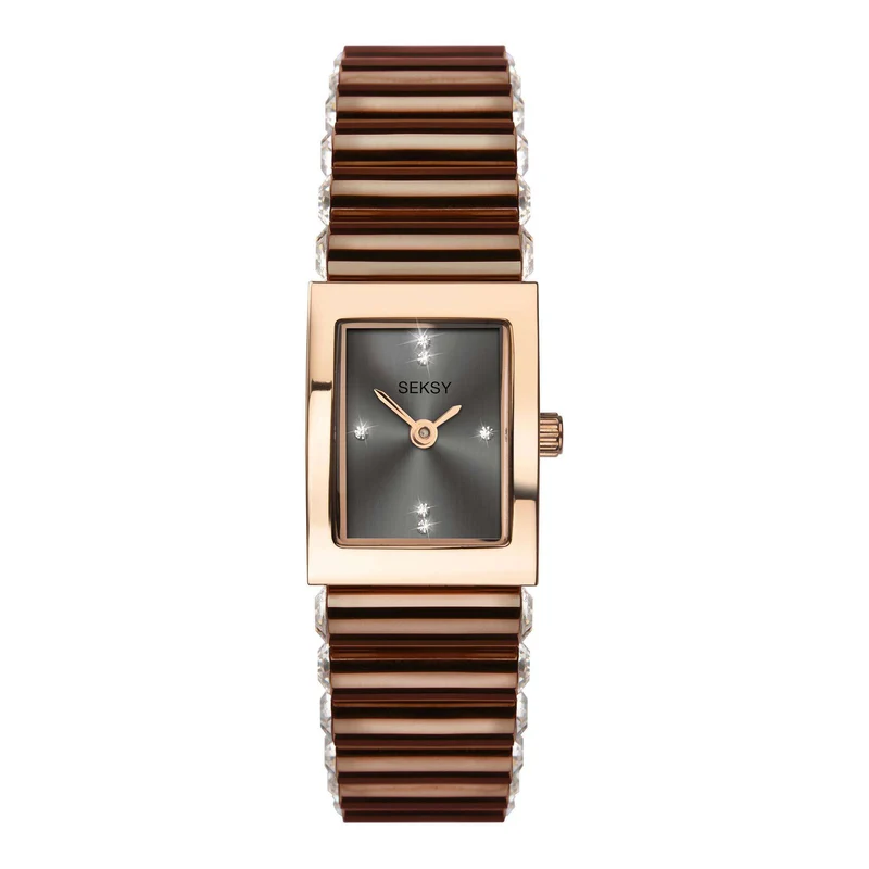 Seksy Edge Quartz Grey Dial Brown Stainless Steel Bracelet Ladies Watch 2914
