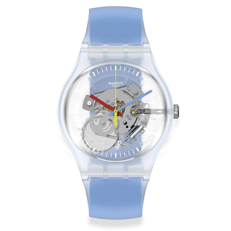 Swatch Clearly Blue Striped Quartz Transparent Dial Blue Silicone Strap Watch SUOK156