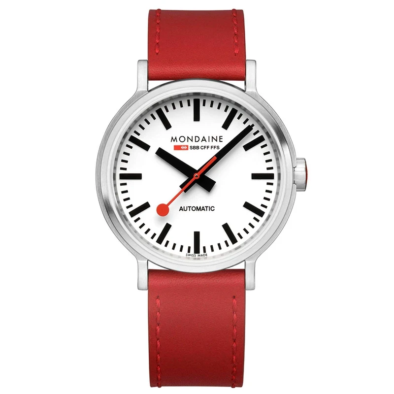 Mondaine The Original Backlight Automatic White Dial Red Leather Strap Men's Watch MST.4161B.LC