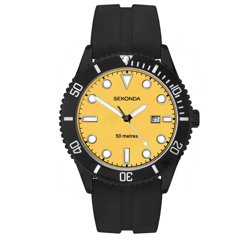 Sekonda Sports Quartz Yellow Dial Black Rubber Strap Men's Watch 1979
