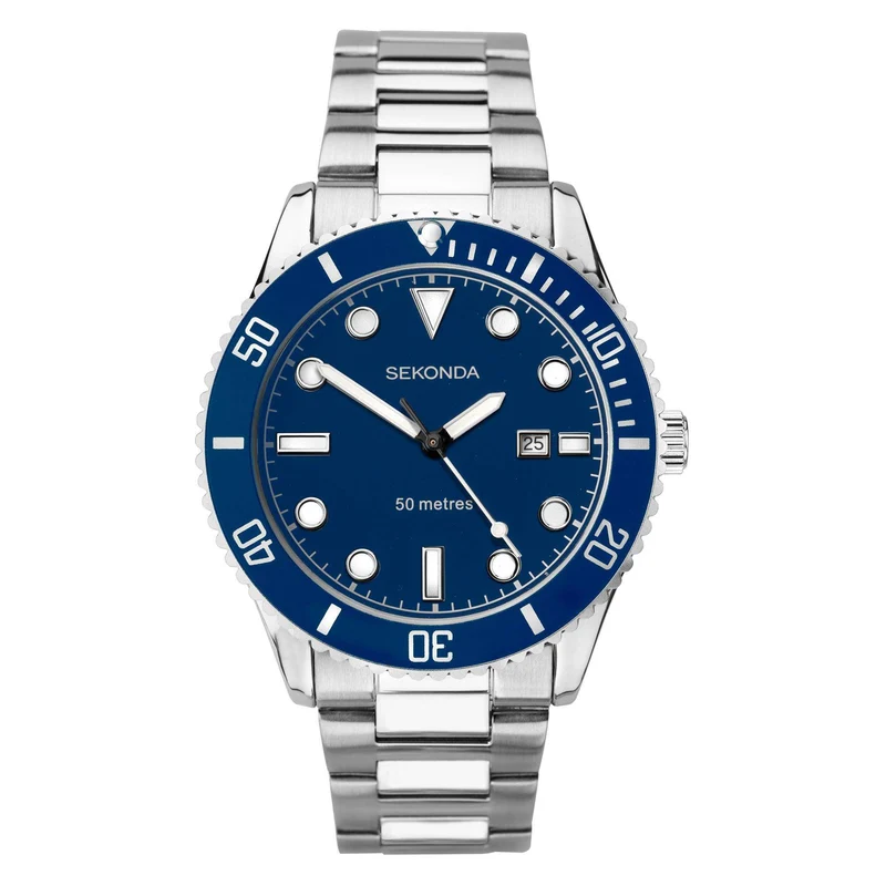 Sekonda Sports Dive Style Blue Dial Bezel Stainless Steel Bracelet Men's Watch 1789