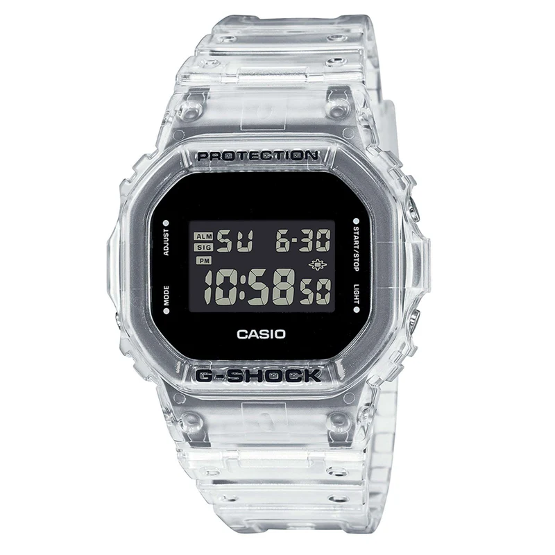 Casio G-Shock Quartz Black Dial Transparent Silicone Strap Mens Watch DW-5600SKE-7ER
