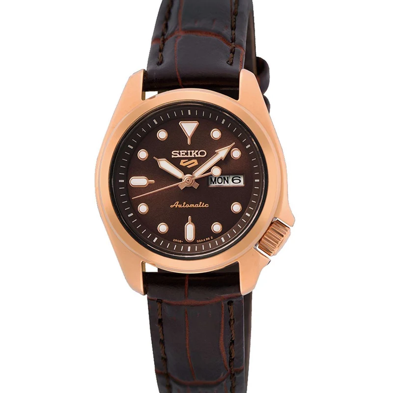 Seiko 5 Sports Compact Automatic Brown Dial Brown Leather Strap Ladies Watch SRE006K1