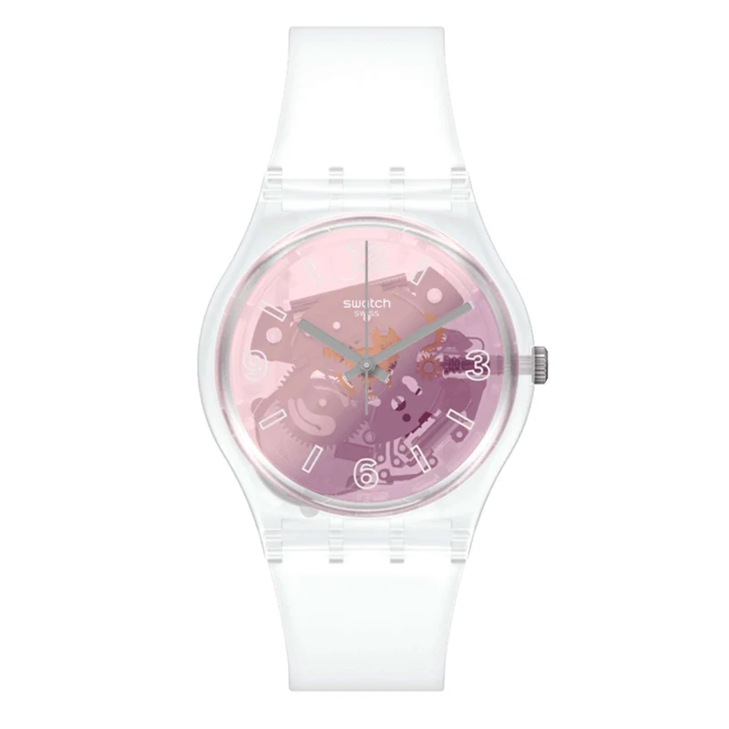 Swatch Pink Disco Fever Quartz Pink Dial White Silicone Strap Watch GE290
