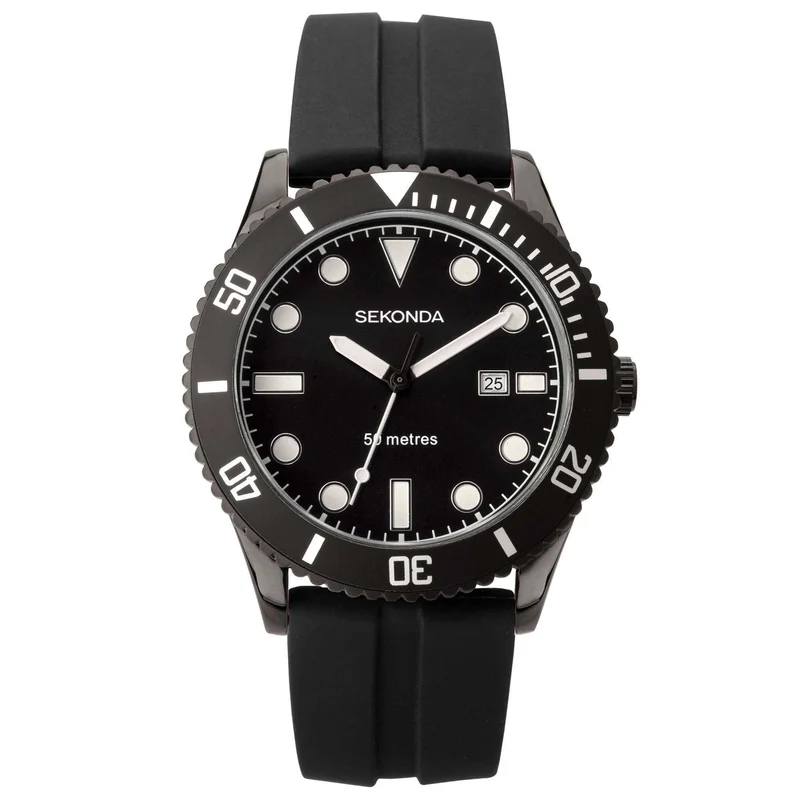 Sekonda Sports Quartz Dive Style Black Dial Black Rubber Strap Men's Watch 1981