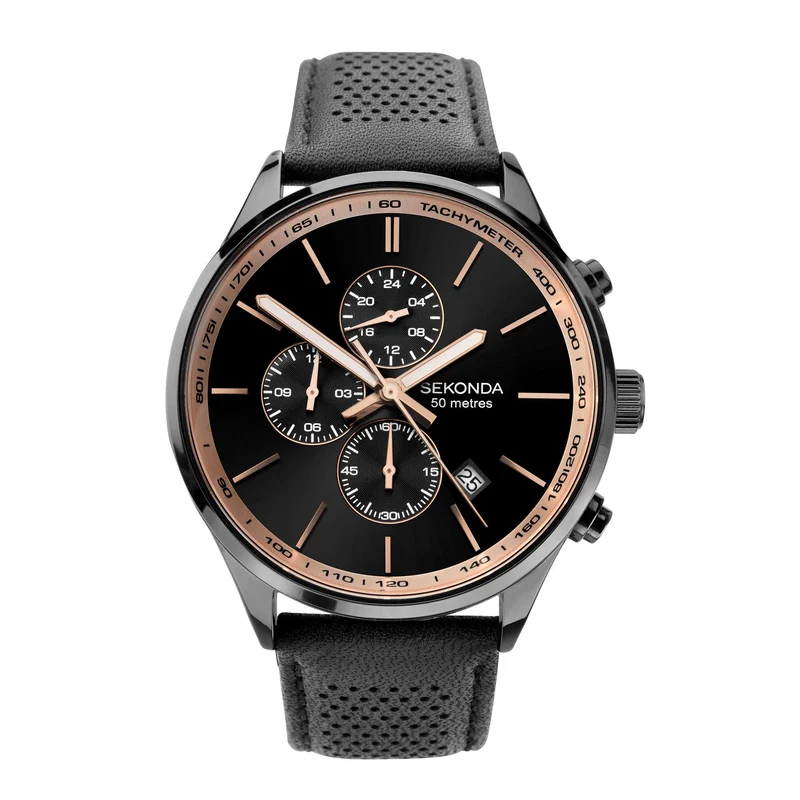 Sekonda Chronograph Quartz Black Dial Black Leather Strap Men's Watch 1774