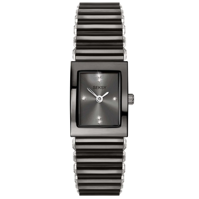 Seksy Edge Quartz Black Dial Black Stainless Steel Bracelet Ladies Watch 2948