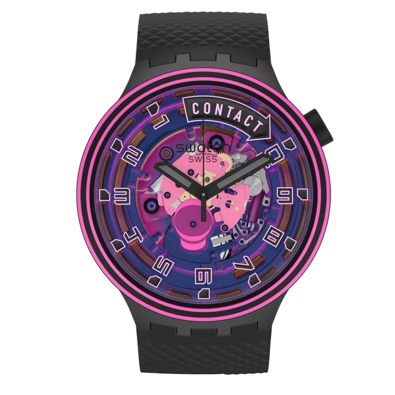 Swatch Big Bold Touchdown! Transparent Dial Black Silicone Strap Watch SB01B126