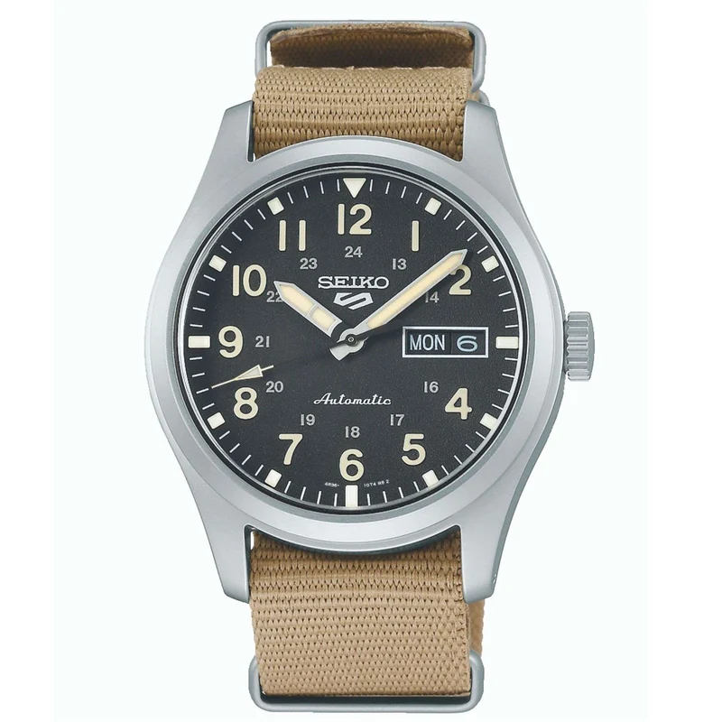 Seiko 5 Sports Field Military Watch Automatic Black Dial Beige Nylon Strap Men's Watch SRPG35K1
