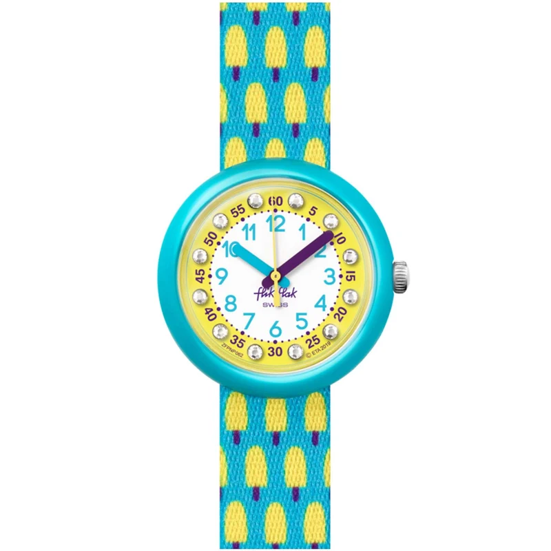 Flik Flak Pool in Miami Lemon Freeze Quartz Movement Yellow Dial Textile Bracelet Kids Watch FPNP062