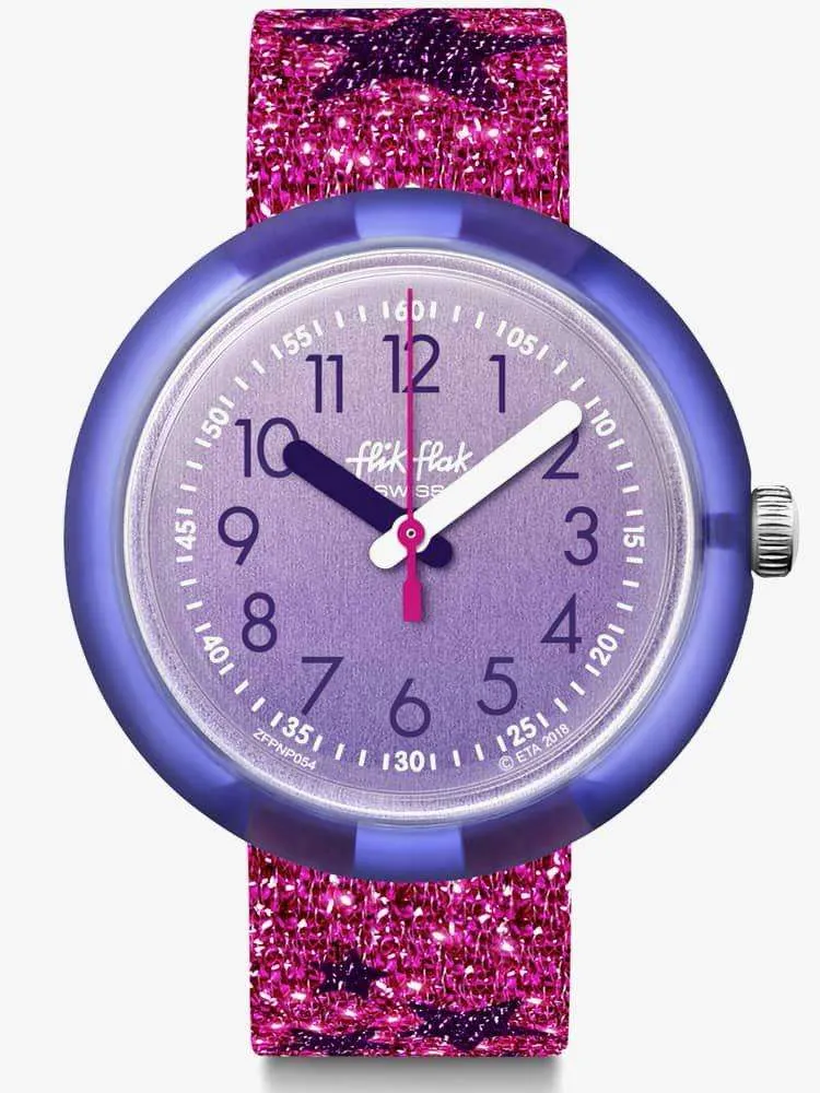 Flik Flak Futuristic Glitter Stars Quartz Movement Purple Dial Textile Bracelet Girls Watch FPNP054