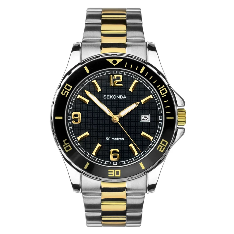 Sekonda Sports Quartz Black Dial Two Tone Stainless Steel Bracelet Men’s Watch 1581