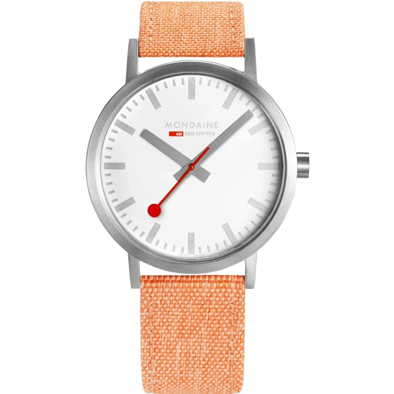 Mondaine Classic Quartz White Dial Orange Recycled Textile Strap Watch A660.30360.17SBF