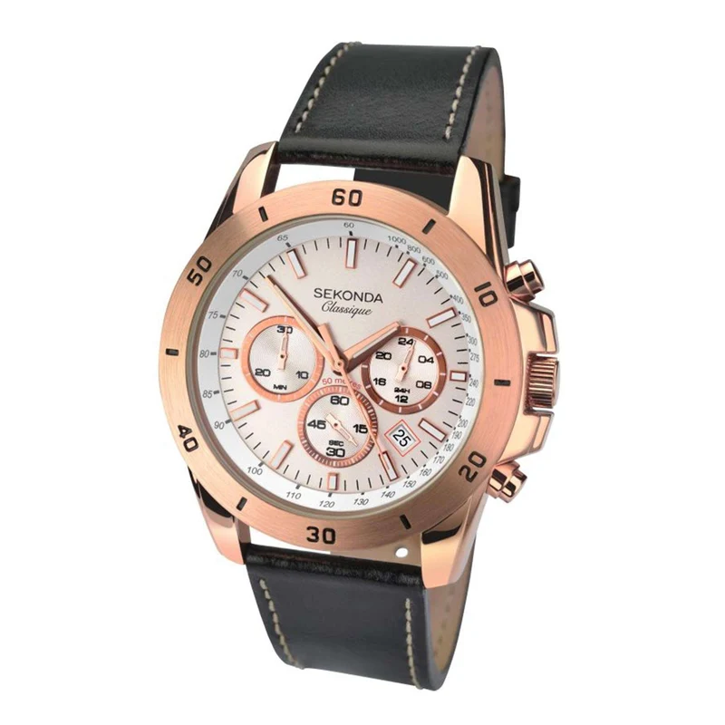 Sekonda Chronograph Quartz Silver Dial Brown Leather Strap Men's Watch 1087