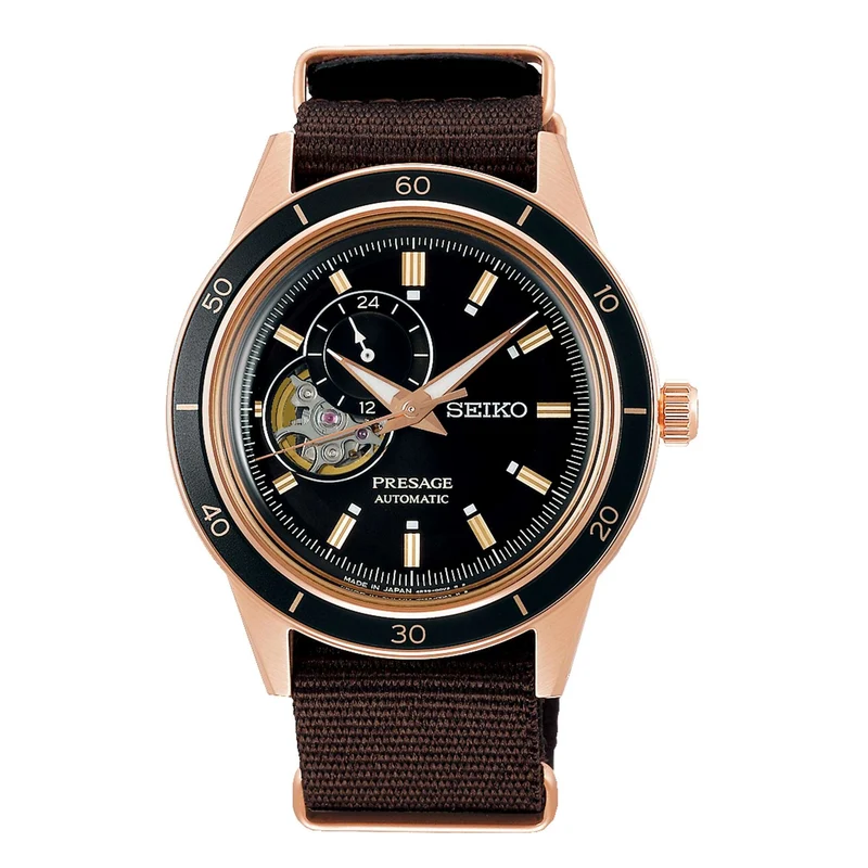 Seiko Presage Style 60's Automatic Black Open Heart Dial Brown NATO Strap Men's Watch SSA426J1