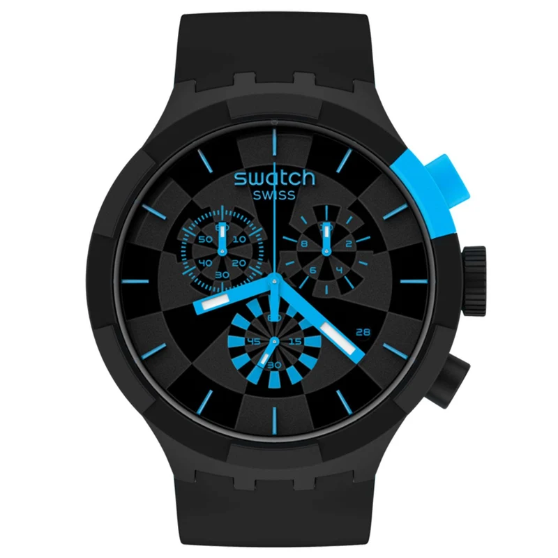 Swatch Big Bold Chrono Checkpoint Blue Quartz Movement Black Dial Silicone Strap Watch SB02B401