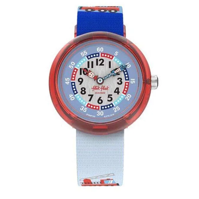 Flik Flak City of Life Firetruck Quartz Movement Blue Dial Textile Bracelet Kids Watch FBNP160