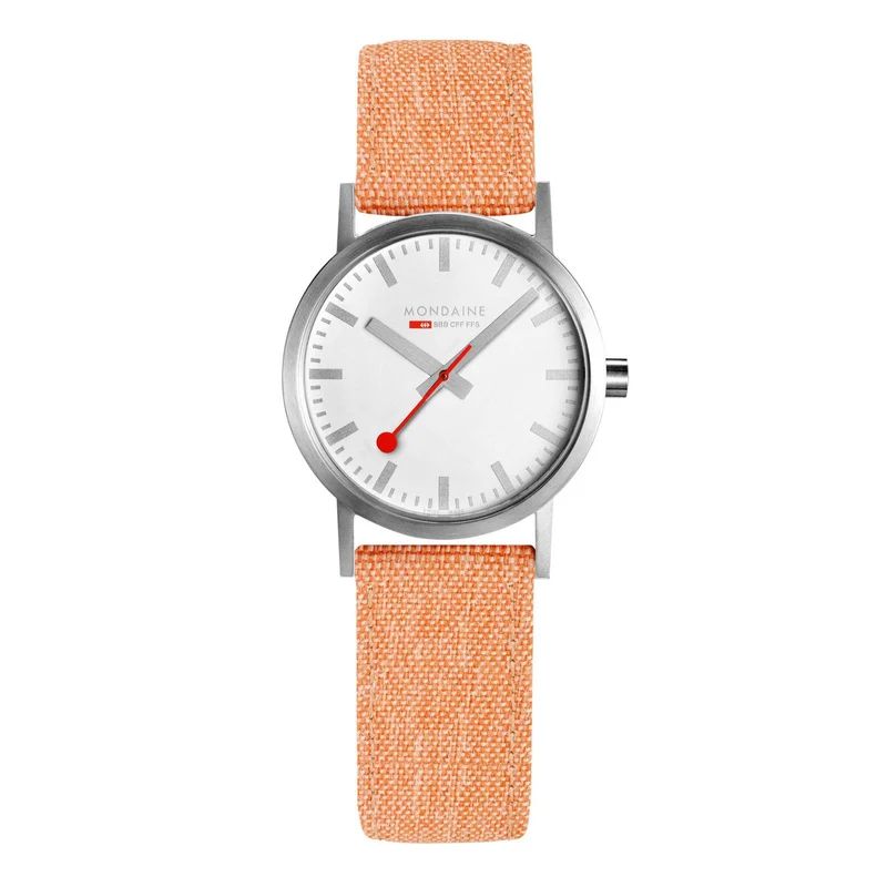 Mondaine Classic Quartz White Dial Orange Recycled Textile Strap Ladies Watch A658.30323.17SBF