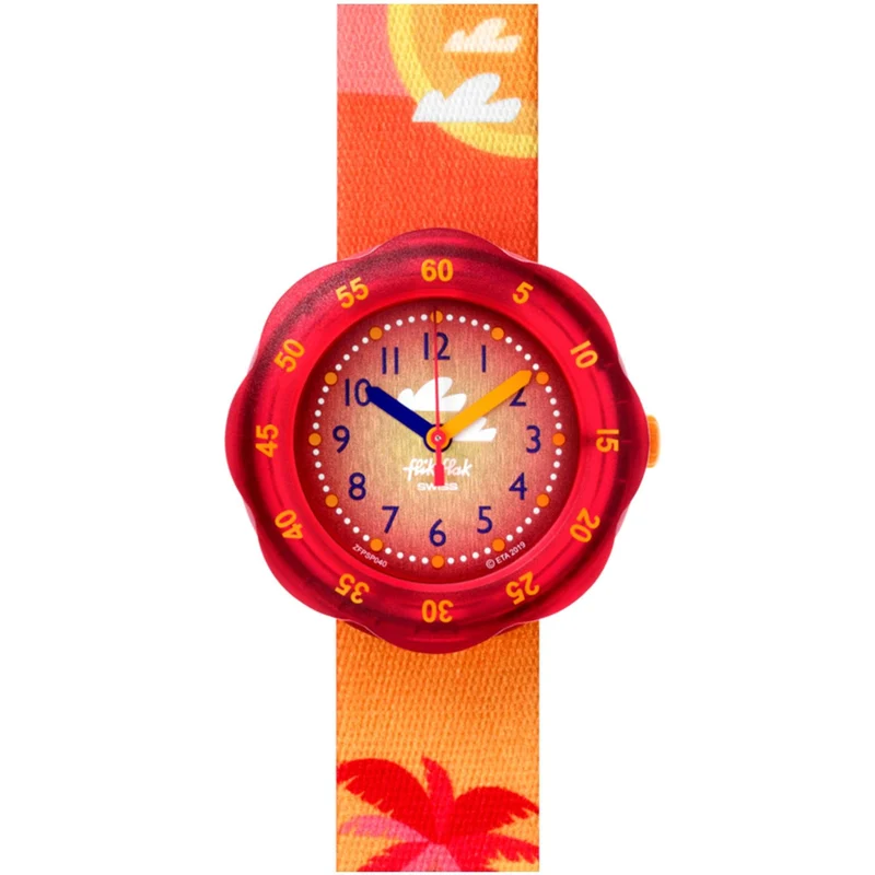 Flik Flak Pool in Miami Palmiboo Quartz Movement Red Dial Textile Bracelet Kids Watch FPSP040