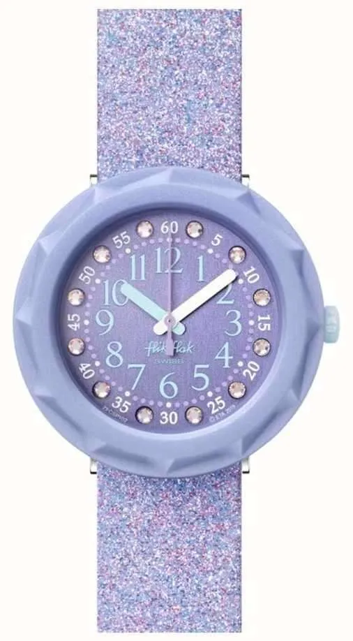 Flik Flak Shine Bright Lilaxus Quartz Movement Purple Dial Silicone Bracelet Girls Watch FCSP102