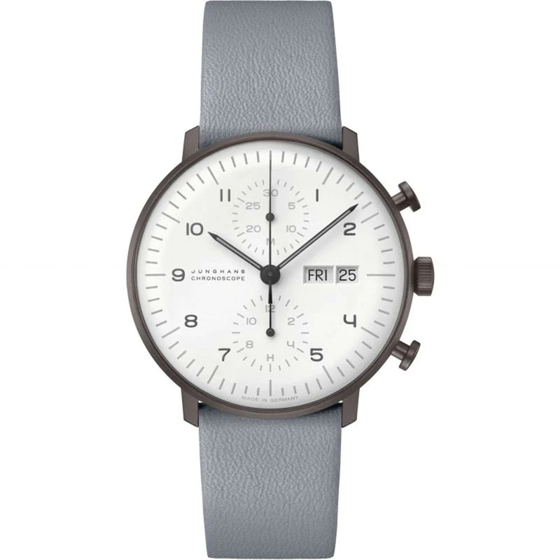 Junghans Max Bill Chronoscope Automatic White Dial Grey Leather Strap Men's Watch 027/4008.05