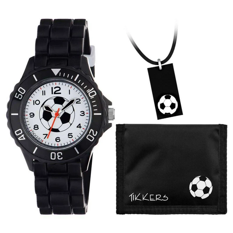 Tikkers Football Quartz White Dial Black Silicone Strap Boys Watch Gift Set ATK1019