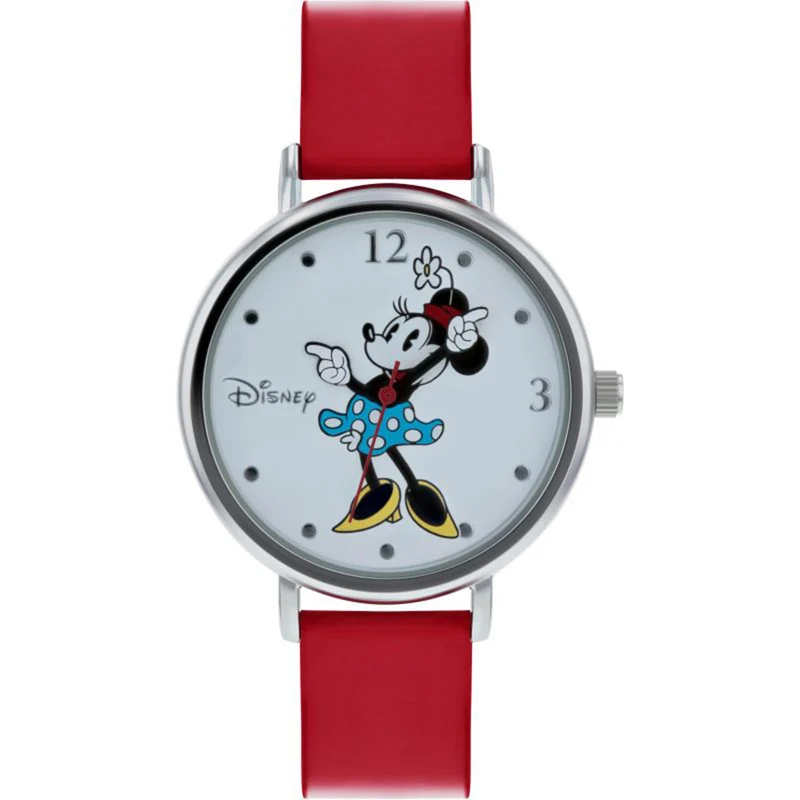 Disney Minnie Mouse Quartz Silver Dial Red Leather Strap Girls Watch MN1302