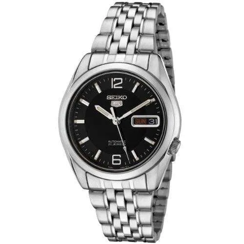 Seiko 1-5 Gent's Automatic Analogue Black Dial Steel Strap Men's Watch SNK393K