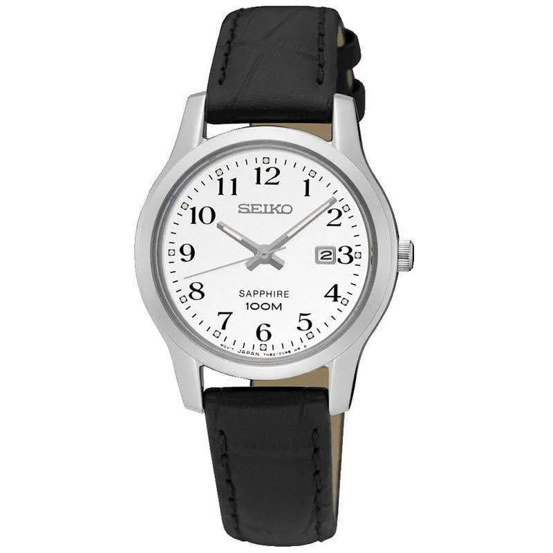 Seiko Quartz Black Leather Strap White Dial Ladies’ Watch SXDG91P1
