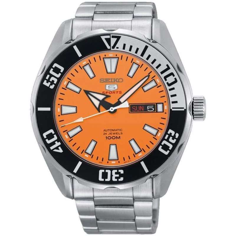 Seiko 5 Sports Silver Stainless Steel Orange Dial Automatic Men's Watch SRPC55K1 RRP £389