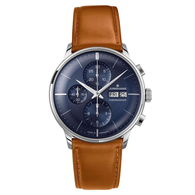 Junghans Meister Chronoscope Mechanical Hand Wind Blue Dial Brown Leather Strap Men's Watch 027/4526.01
