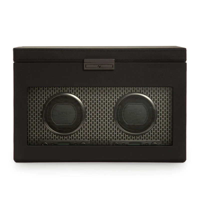 WOLF Axis Black Double Watch Winder With Storage 469303