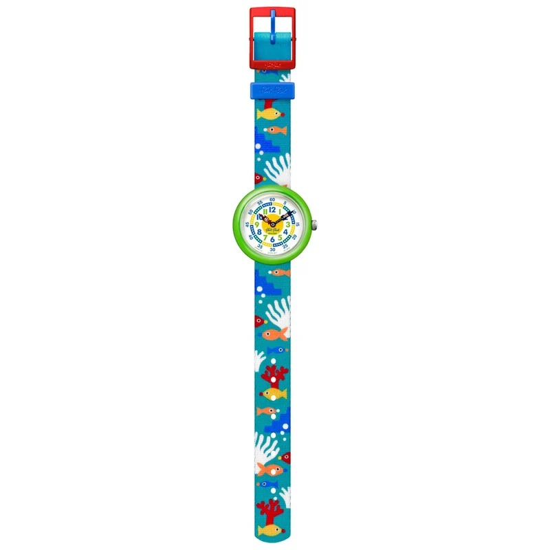 Flik Flak Fish 'N' Reef Green Textile Strap Green Plastic Case Kids' Boys Fish Watch FBNP113 32mm