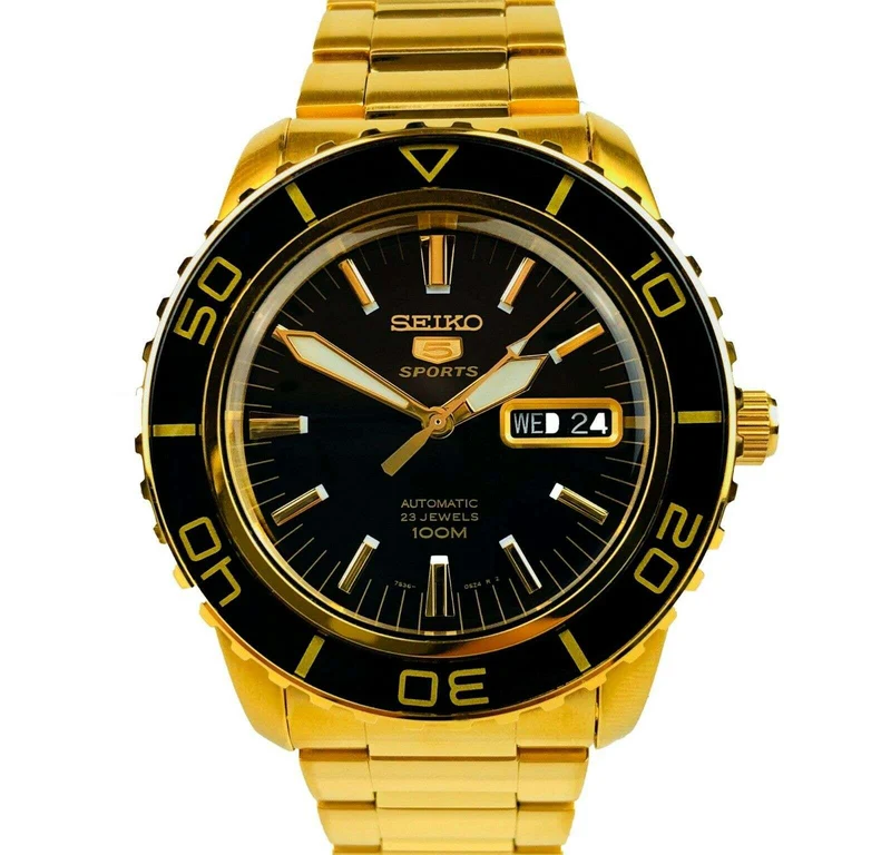 Seiko 5 Sports Automatic Black Dial Gold Stainless Steel Men's Watch SNZH60K1