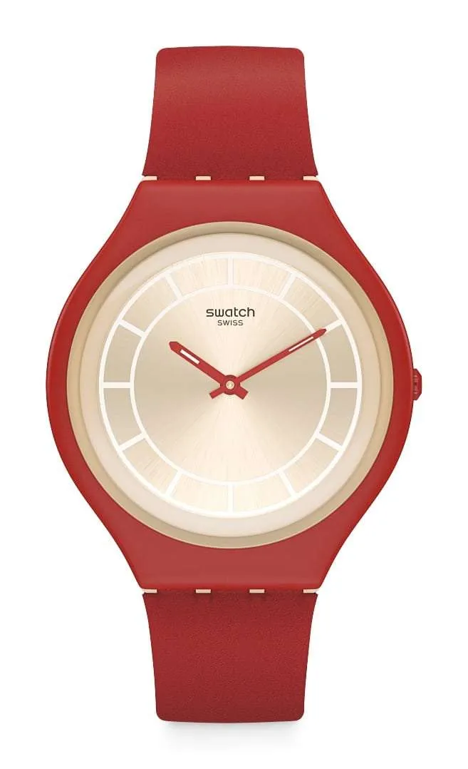 Swatch Skinhot Case Beige Dial Red Leather Strap Watch
