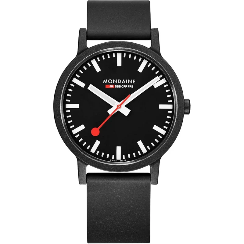 Mondaine Essence 40mm Black Dial Rubber Mens Quartz Watch MS1.41120.RB