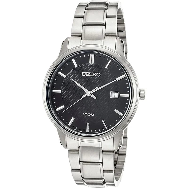 Seiko Stainless Steel Black Patterned Dial Men's Dress Watch