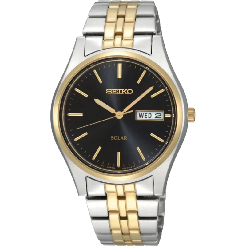 Seiko Solar Stainless Steel Gold Black Dial Men's Watch SNE034P1