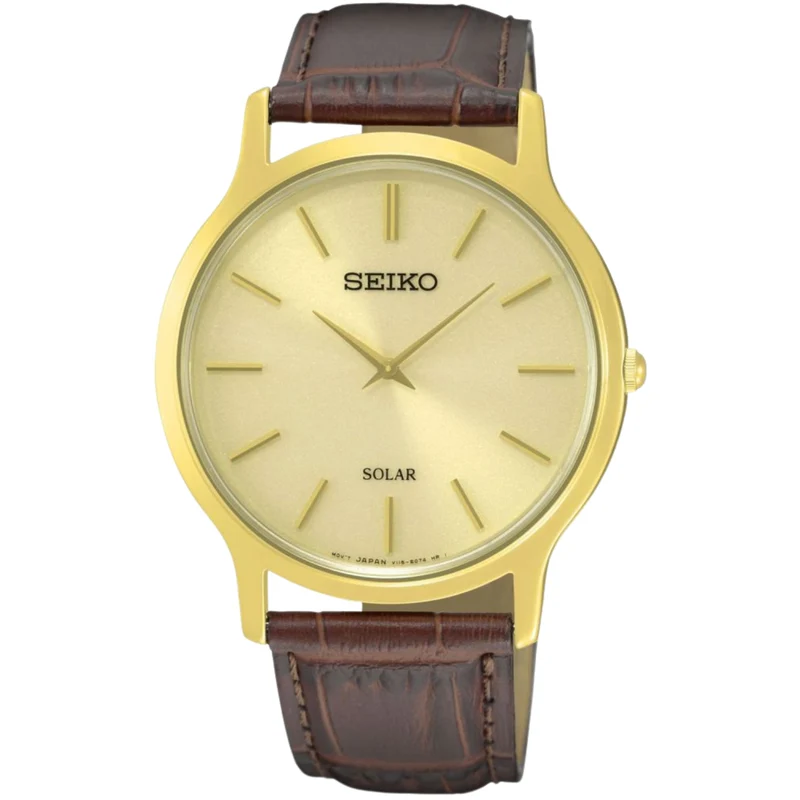 Seiko Solar Brown Leather Strap Gold Dial Men's Watch SUP870P1